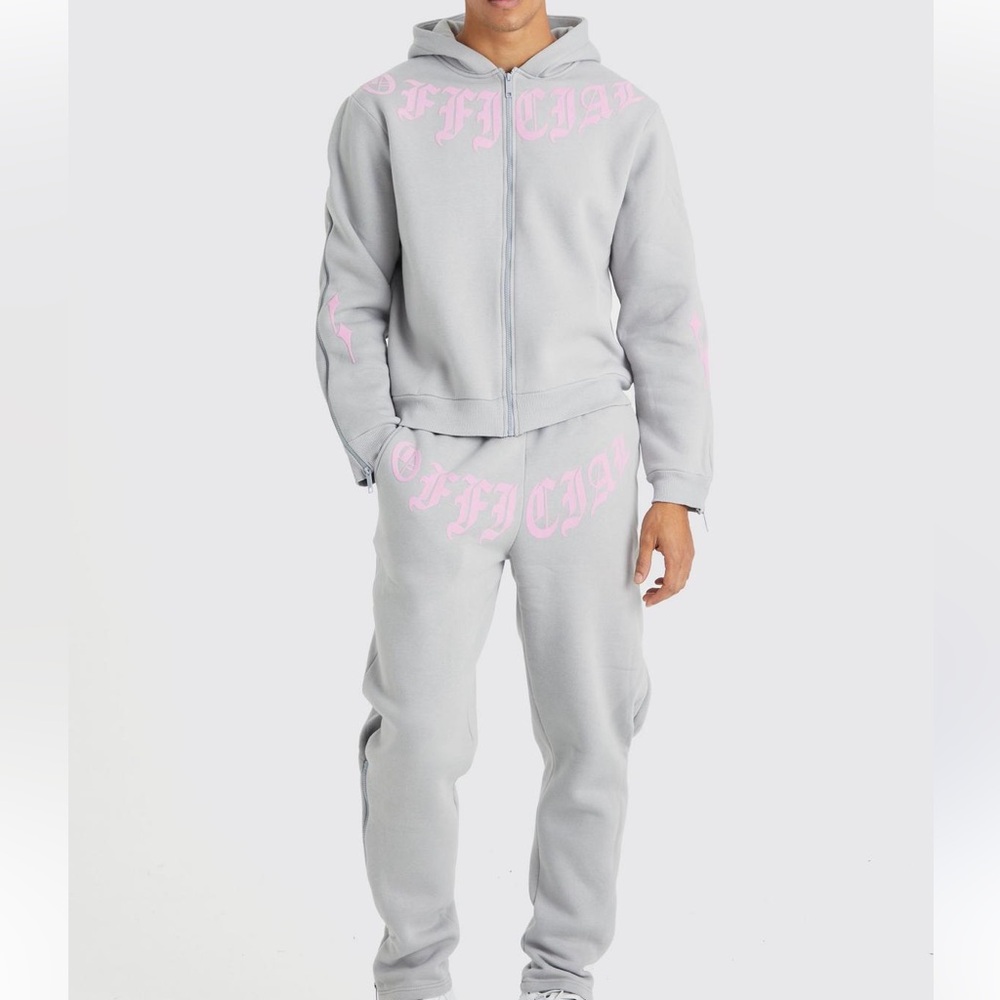 Boohoo Mens Gray Hoodie and Joggers Set with Pink Accents